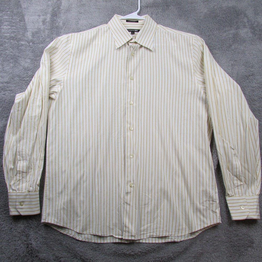 Express Shirt Mens Large 16-16.5 White Yellow‎ Stripe 1MX Stretch Long Sleeve